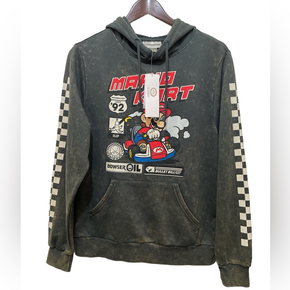 NEW WT Mario Kart Hoodie Sweater Size S Brand NEW Distressed Style Charcoal Gray